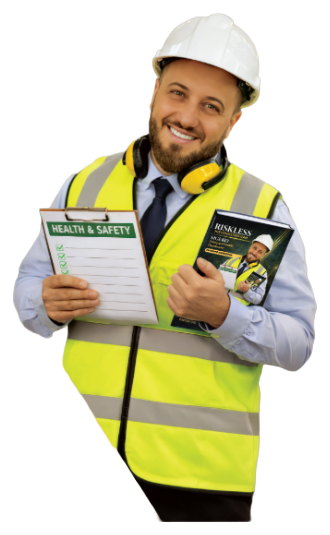 Safety inspector holding a Health & Safety checklist and RISKLESS brochure